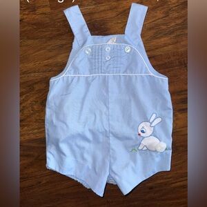 Vintage Light Blue Kids Overalls with Bunny Design
